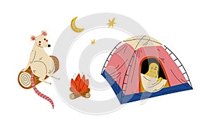 Humanized Animal Characters Having Camping Adventure Sitting on Log and in Tent Vector Set