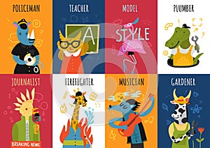 Humanized Animals Professions Vertical Cards