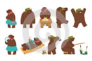 Humanized bear characters set, male and female brown bears wearing human clothes in different situations cartoon vector