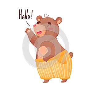 Humanized bear welcomes you. Vector illustration on white background.