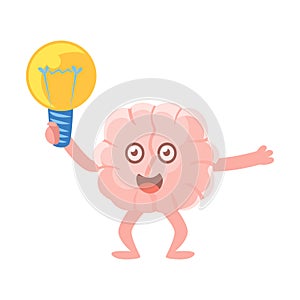 Humanized Brain Holding An Electric Bulb Excited Having An Idea, Intellect Human Organ Cartoon Character Emoji Icon