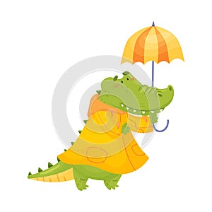 Humanized crocodile in a yellow raincoat. Vector illustration on a white background.