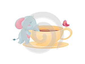 Humanized cute baby elephant drinks tea from a huge cup. Vector illustration on white background.