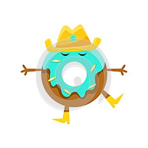 Humanized Doughnut With Blue Glazing And Cowboy Hat Cartoon Character With Arms And Legs