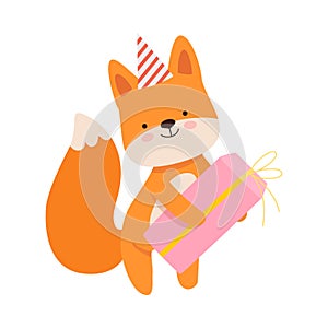 Humanized fox with a gift. Vector illustration on a white background.