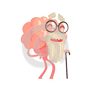 Humanized gray bearded old cartoon brain character walking with a cane, intellect human organ vector Illustration