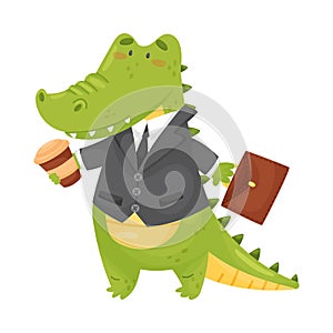 Humanized green crocodile in a black jacket. Vector illustration on a white background.