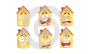 Humanized Houses Collection, Funny Building Cartoon Character with Various Face Expressions Vector Illustration