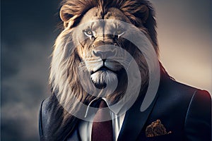 Humanized lion's portrait dressed in formal business suit with tie and jacket