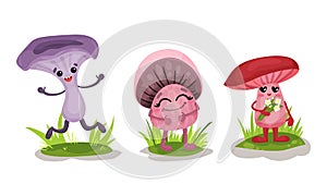 Humanized Mushrooms with Cap and Stipe Jumping and Holding Flowers Vector Set
