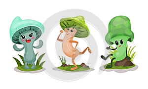 Humanized Mushrooms with Cap and Stipe Running and Sitting on Pebble Vector Set