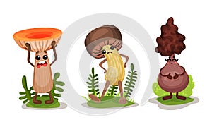 Humanized Mushrooms with Cap and Stipe Smiling and Screaming Vector Set