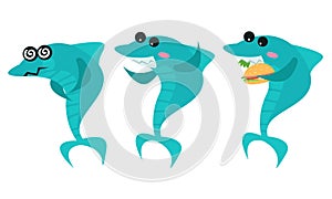 Humanized Shark Eating Hamburger and Feeling Dizziness Vector Set