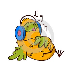 Humanized tropical bird lying on back and listening music with headphones. Cartoon character. Colorful vector icon