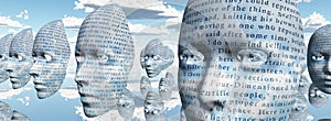 Humanlike faces covered in text