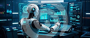 Humanoid AI Robot Analyzing Data on a Digital Screen AI-driven future, deep learning, high-tech robot