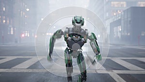 The humanoid AI robot runs along a deserted street in a big city. 3d animation. future concept