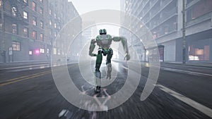 The humanoid AI robot runs along a deserted street in a big city. 3d animation. future concept