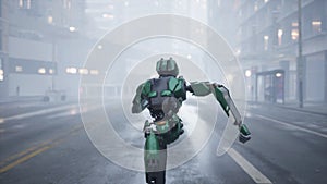 The humanoid AI robot runs along a deserted street in a big city. 3d render. future concept