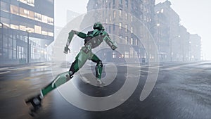 The humanoid AI robot runs along a deserted street in a big city. 3d render. future concept