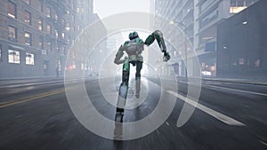 The humanoid AI robot runs along a deserted street in a big city. 3d render. future concept