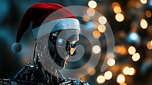 Humanoid AI robot in Santa Claus hat empty space banner