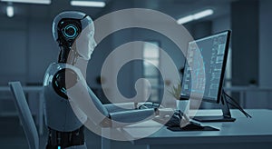 Humanoid AI Robot Working on Computer Symbolizing the Future of Work
