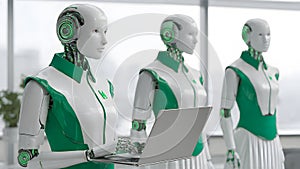 Humanoid AI Robots Collaborating in a Modern Corporate Office Environment