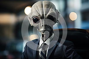 humanoid alien in a business suit on blurred office background
