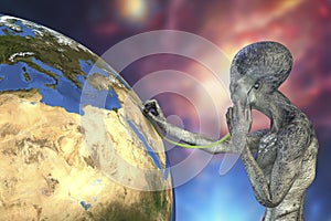 Humanoid alien with medical stethoscope listening the Earth planet, illustration