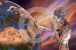 Humanoid alien with medical stethoscope listening the Earth planet, illustration