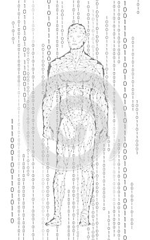 Humanoid android man standing cyberspace binary code. Robot artificial intelligence low poly polygonal human body