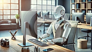 Humanoid Android Robot Programmer Working on Computer in Modern Office
