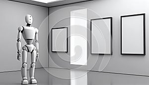 Humanoid android robot thinking of a creative machine learning idea for an artwork on a blank canvas in an artist studio galley