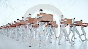 Humanoid Android Robot Workers Walking With Box on hands 4k