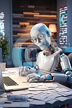 Humanoid android robot working on laptop in office business