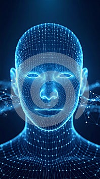 Humanoid Artificial Intelligence Model with Glowing Blue Wireframe Technology Network Structure Connection Abstract