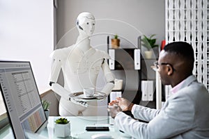 Humanoid Cyborg AI Robot Assistant Bringing Coffee To Boss