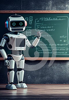 Humanoid education robot teacher in front of a school classroom chalkboard