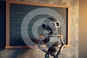 Humanoid education robot teacher in front of a school classroom chalkboard