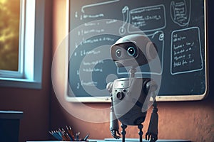 Humanoid education robot teacher in front of a school classroom chalkboard