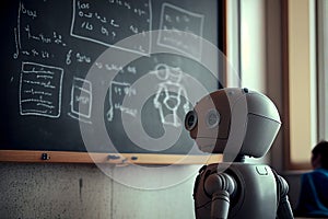 Humanoid education robot teacher in front of a school classroom chalkboard