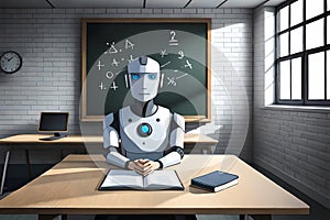 Humanoid education robot teacher in front of a school classroom chalkboard teaching pupils about mathematics