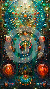 A humanoid form is at the center of a cosmic awakening, surrounded by an intricate array of celestial orbs and patterns photo