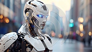 Humanoid futuristic robot using computer technology on a city background. photo