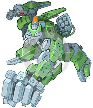 Humanoid Green Cartoon Soldier Robot Punching Illustration