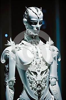 humanoid male android with white robotic metallic nerves and bones. Artificial intelligence concept