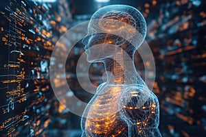 Human-like AI figure illuminated with digital data visualization in a futuristic setting
