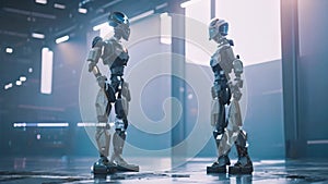 A humanoid robot with advanced technology touches a futuristic object using its mechanical hands, An AI robot defending against