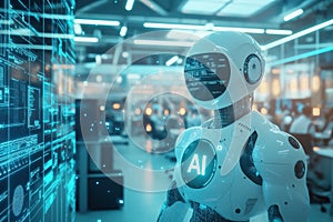 Humanoid robot analyzing complex data related to artificial intelligence on screen